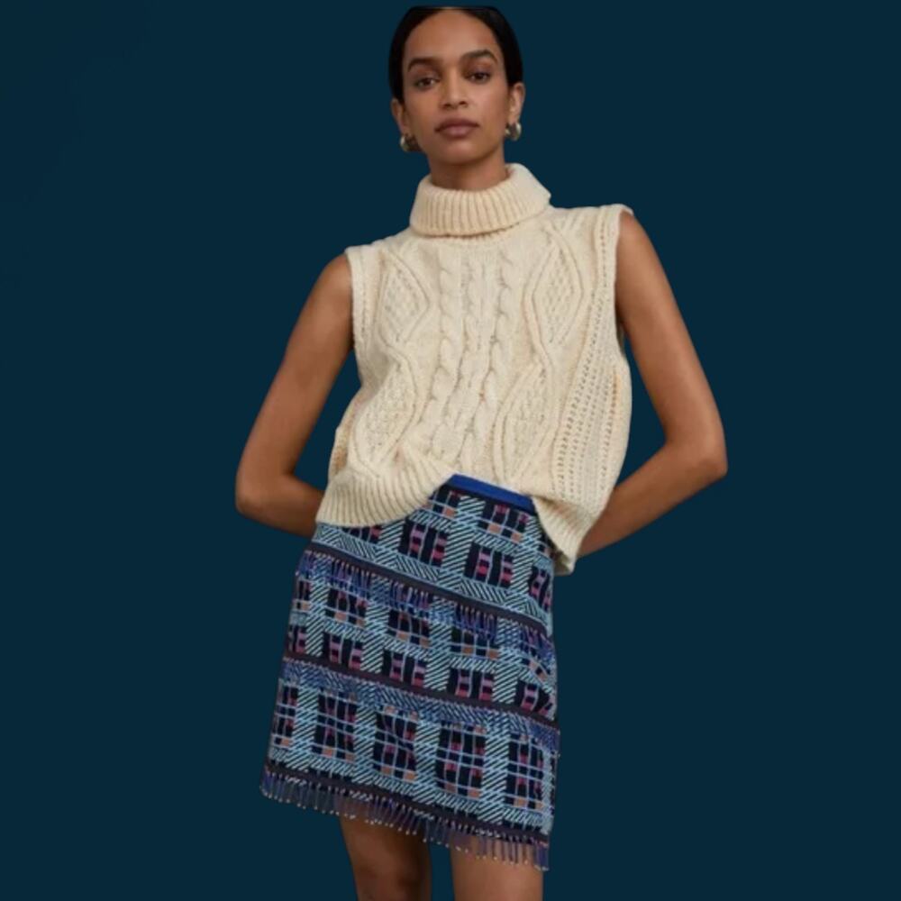 NWT Anthropologie Maeve Beaded Fringe Mini Skirt in Blue Motif - Size 0